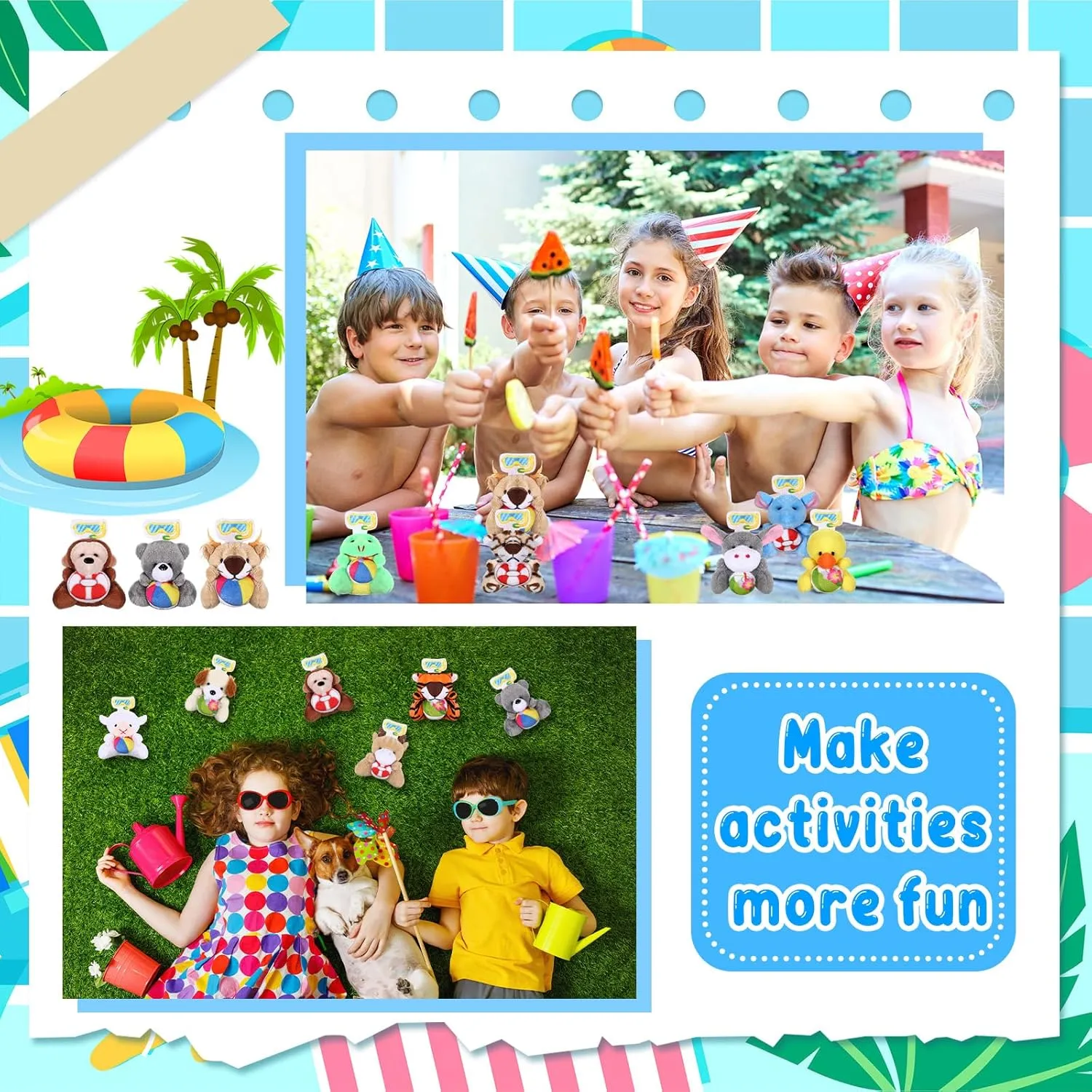 24 Pcs Summer Mini Stuffed Animal Bulk Pool Style Plush Keychain Party Favors Swimming Pool Small Plush Animal Toys with Diving Goggles for Beach Sea Party Favors Gifts Decor Award