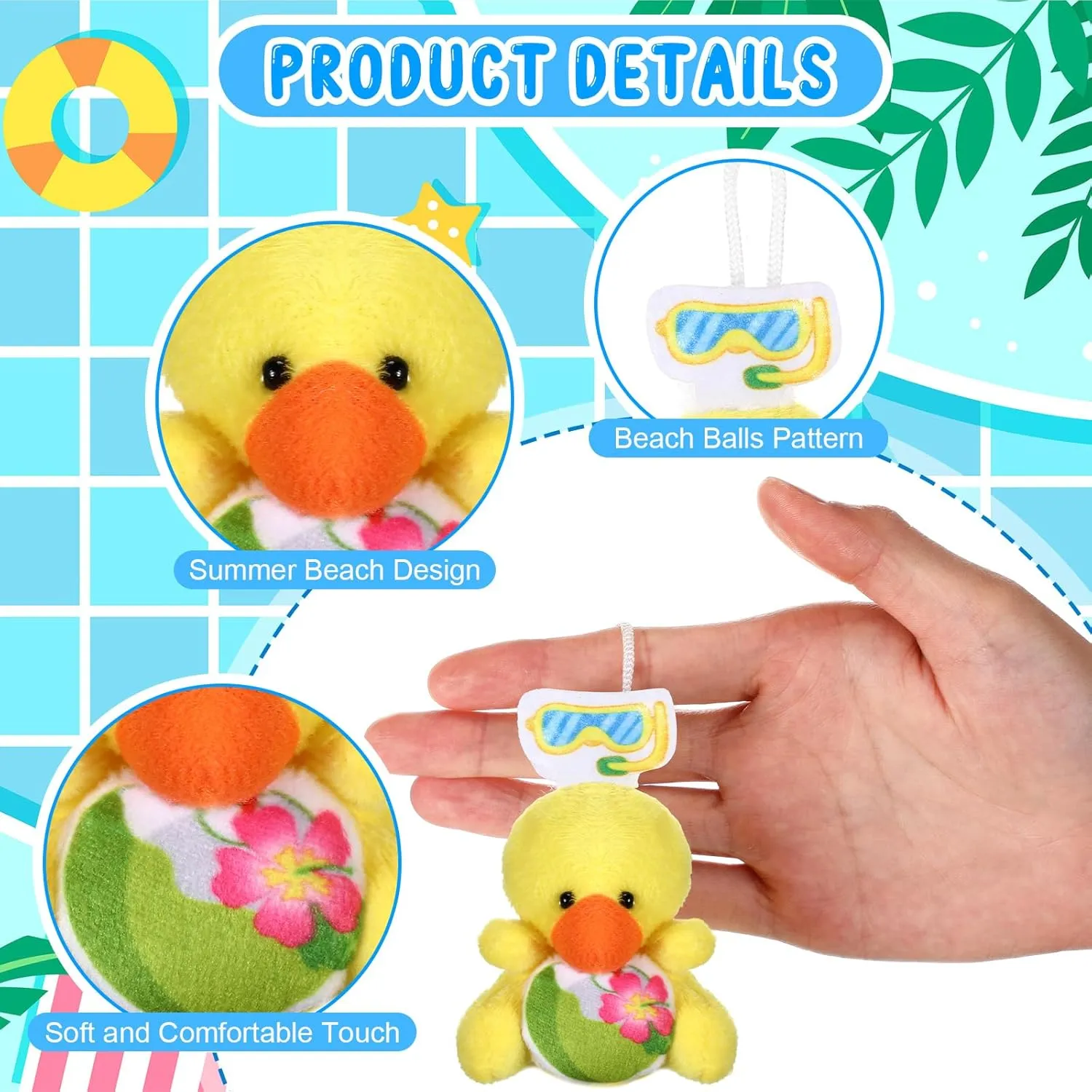 24 Pcs Summer Mini Stuffed Animal Bulk Pool Style Plush Keychain Party Favors Swimming Pool Small Plush Animal Toys with Diving Goggles for Beach Sea Party Favors Gifts Decor Award