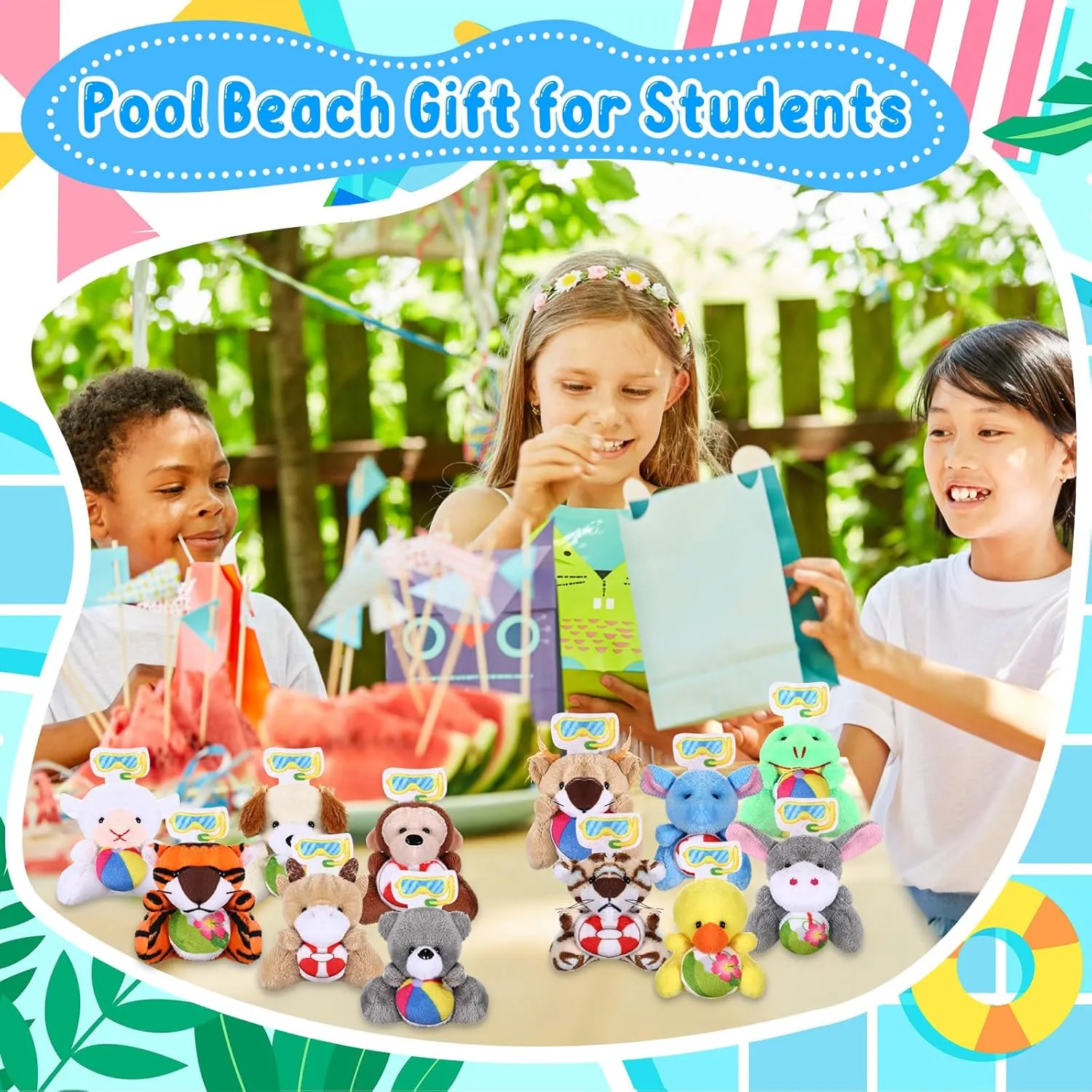24 Pcs Summer Mini Stuffed Animal Bulk Pool Style Plush Keychain Party Favors Swimming Pool Small Plush Animal Toys with Diving Goggles for Beach Sea Party Favors Gifts Decor Award
