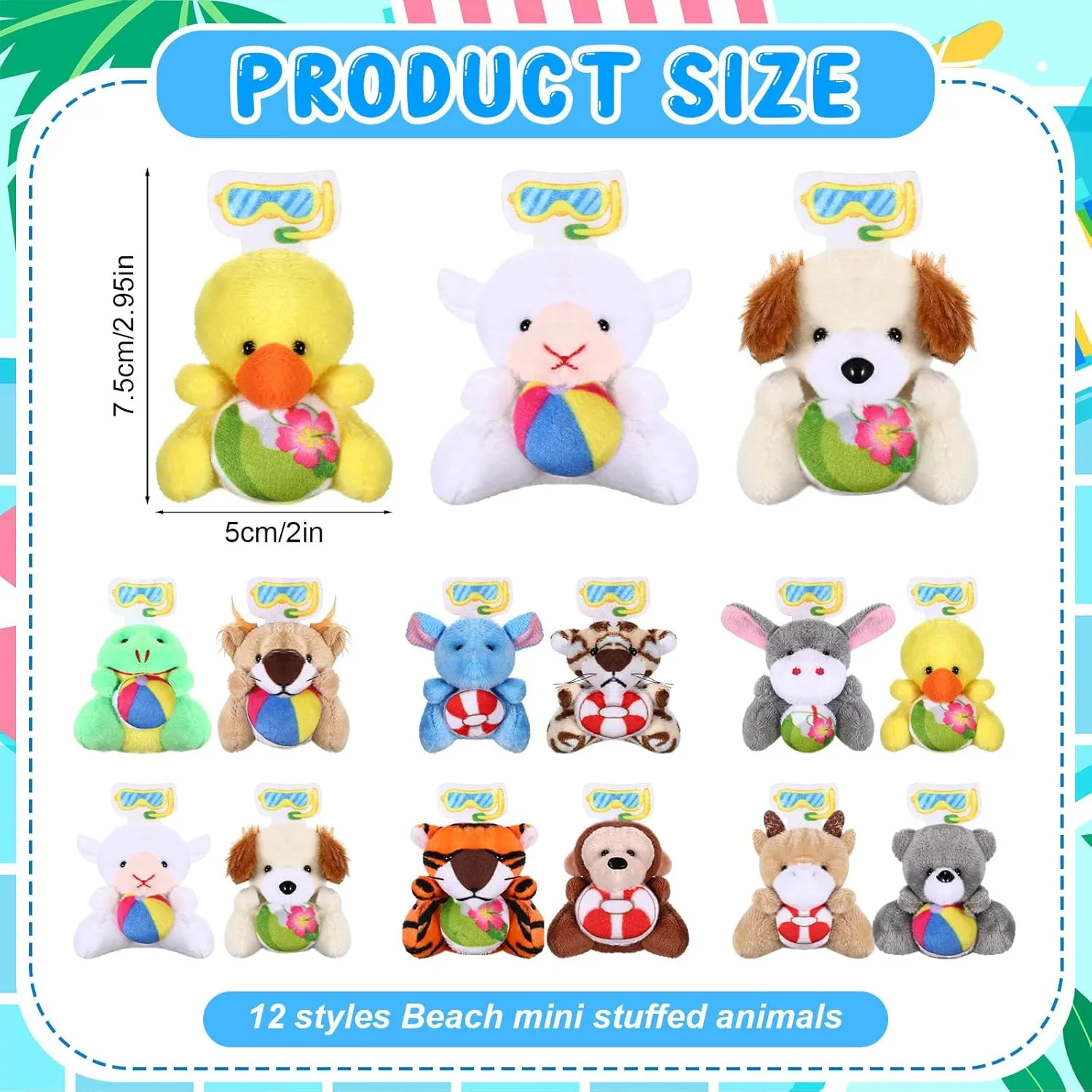 24 Pcs Summer Mini Stuffed Animal Bulk Pool Style Plush Keychain Party Favors Swimming Pool Small Plush Animal Toys with Diving Goggles for Beach Sea Party Favors Gifts Decor Award