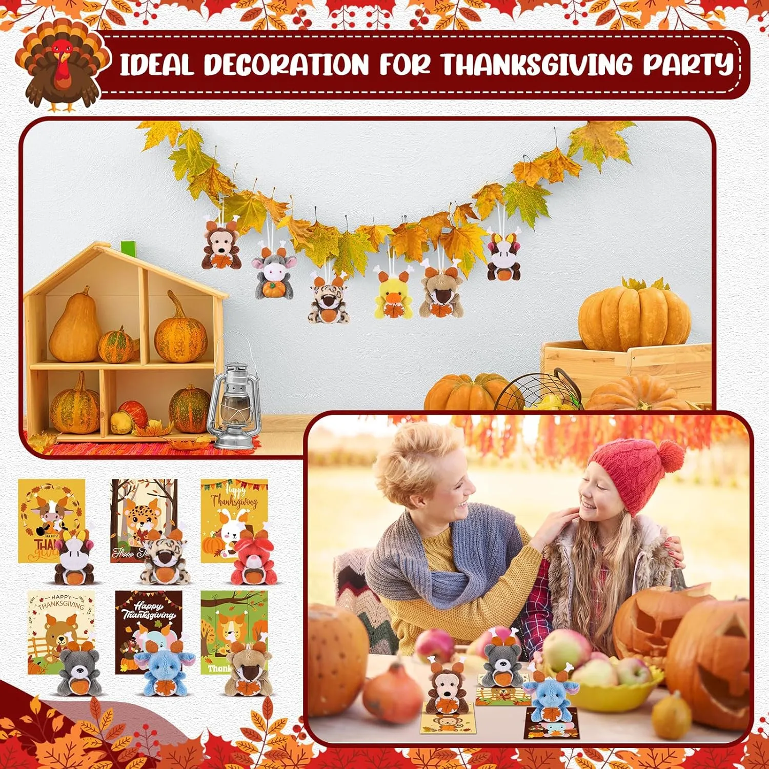 24 Set Thanksgiving Mini Plush Toys with Gift Cards Fall Mini Plush Stuffed Animals with Pumpkin Maple Leaf Set for Thanksgiving Party Favors Goodie Bag Filler School Exchange Prize Gifts