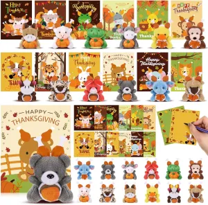 24 Set Thanksgiving Mini Plush Toys with Gift Cards Fall Mini Plush Stuffed Animals with Pumpkin Maple Leaf Set for Thanksgiving Party Favors Goodie Bag Filler School Exchange Prize Gifts