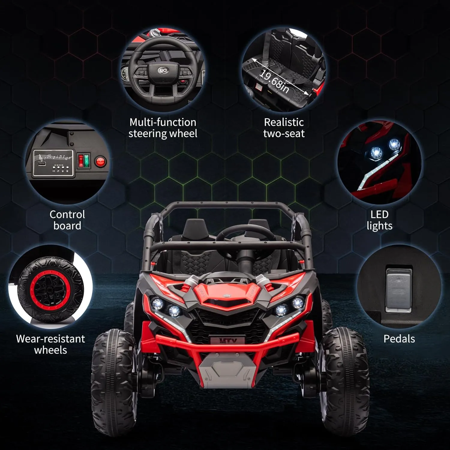 24V Ride On Utv for Kids,2 Seater 4WD Electric Truck with Remote Control, High and Low Speed Adjustment, Led Lights,4-Wheel Shock Absorption,One Click Start, Music Player (Red)