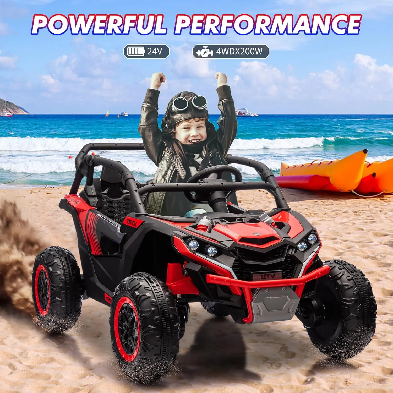 24V Ride On Utv for Kids,2 Seater 4WD Electric Truck with Remote Control, High and Low Speed Adjustment, Led Lights,4-Wheel Shock Absorption,One Click Start, Music Player (Red)