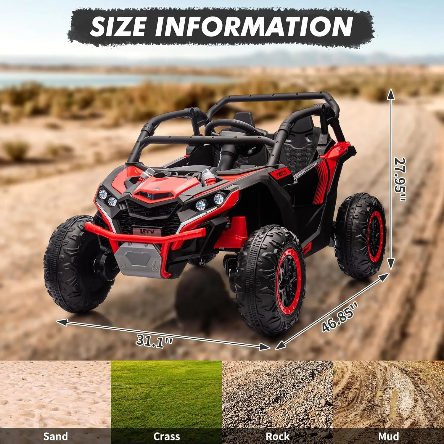 24V Ride On Utv for Kids,2 Seater 4WD Electric Truck with Remote Control, High and Low Speed Adjustment, Led Lights,4-Wheel Shock Absorption,One Click Start, Music Player (Red)