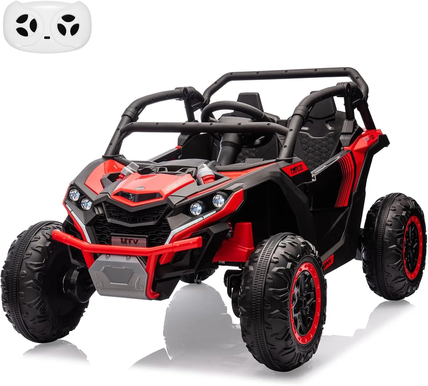 24V Ride On Utv for Kids,2 Seater 4WD Electric Truck with Remote Control, High and Low Speed Adjustment, Led Lights,4-Wheel Shock Absorption,One Click Start, Music Player (Red)