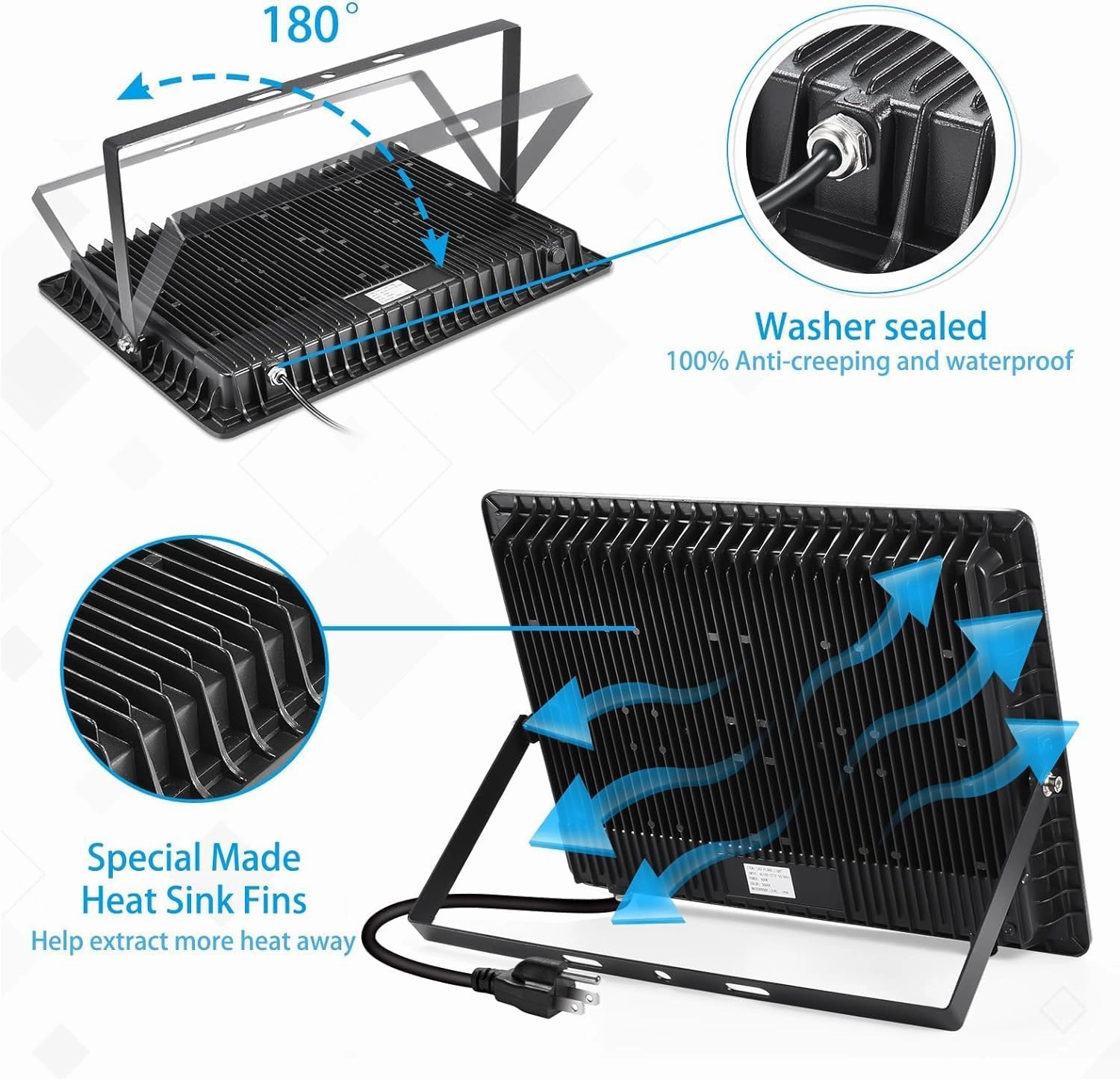 2 Pack 500W LED Flood Light Outdoor,2750W Equivalent Super Bright FloodLight with Plug,58600LM 5000K Daylight White IP66 Waterproof Commercial Lighting for Sports Fields,Counts,Arena,Stadium