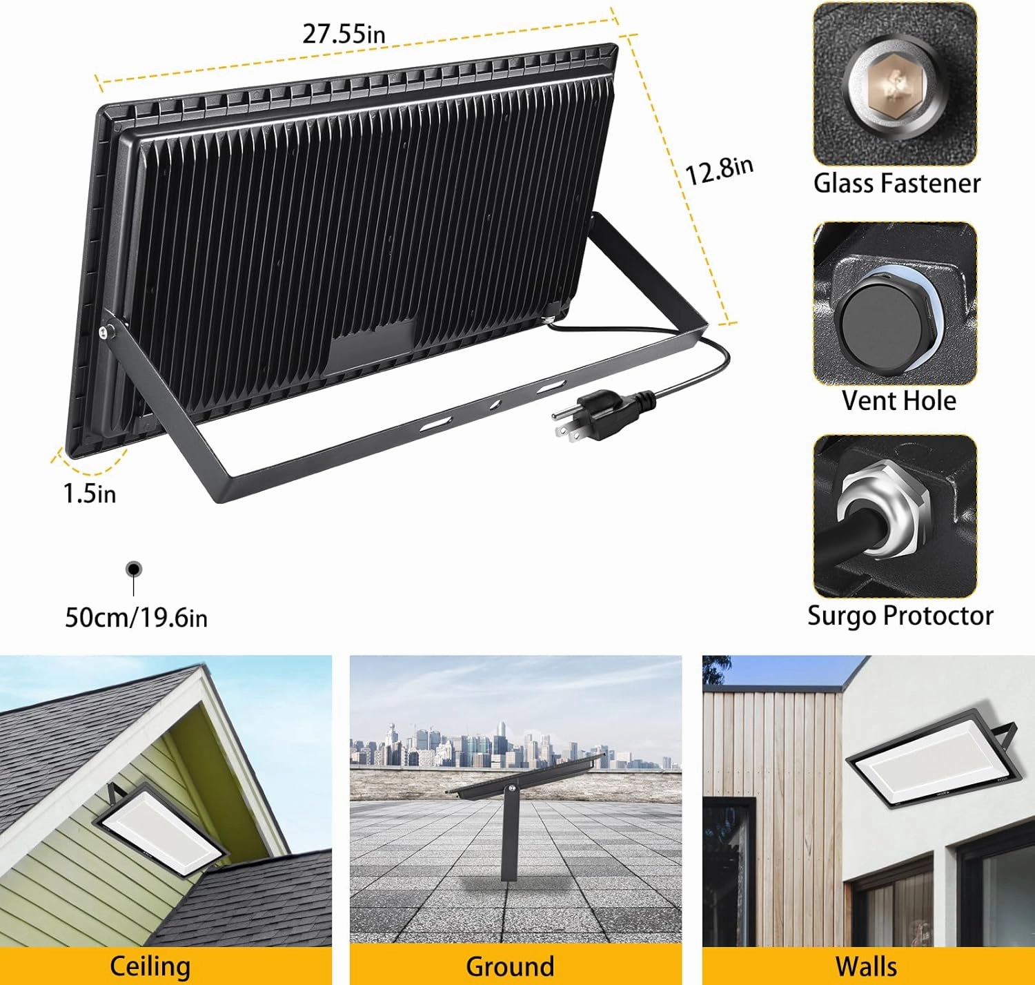 2 Pack 800W LED Flood Light Outdoor,3750W Equivalent Super Bright FloodLight with Plug,88500LM 5000K Daylight White IP66 Waterproof Commercial Lighting for Sports Fields,Counts,Arena,Stadium