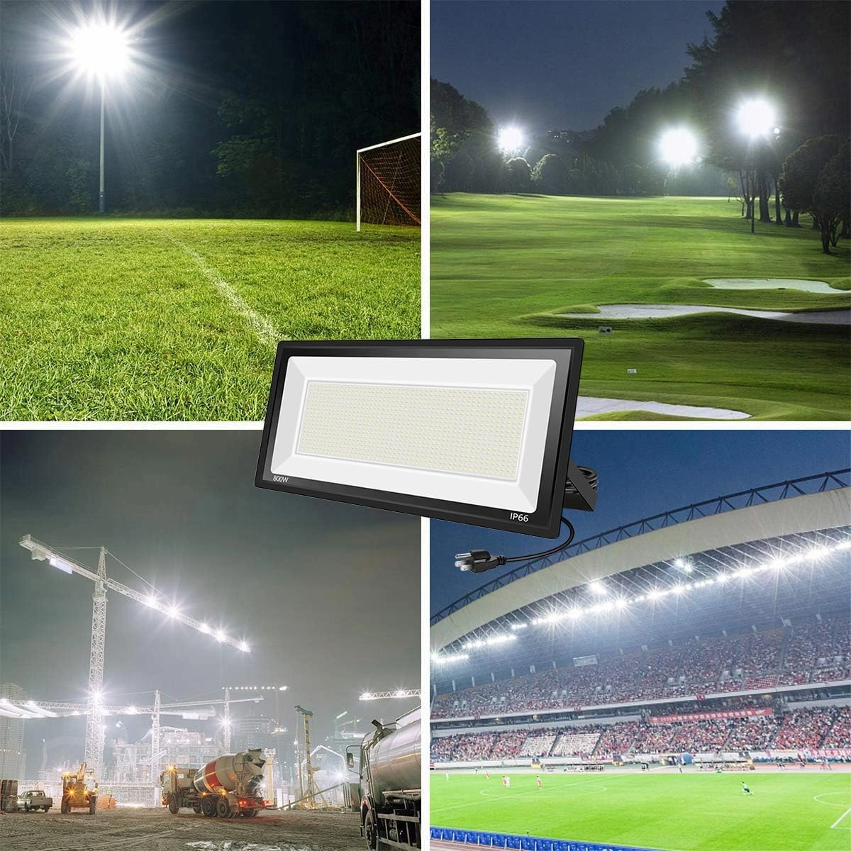 2 Pack 800W LED Flood Light Outdoor,Super Bright FloodLight with Plug,80000LM 5000K Daylight White IP66 Waterproof Commercial Lighting for Sports Fields,Counts,Arena,Stadium