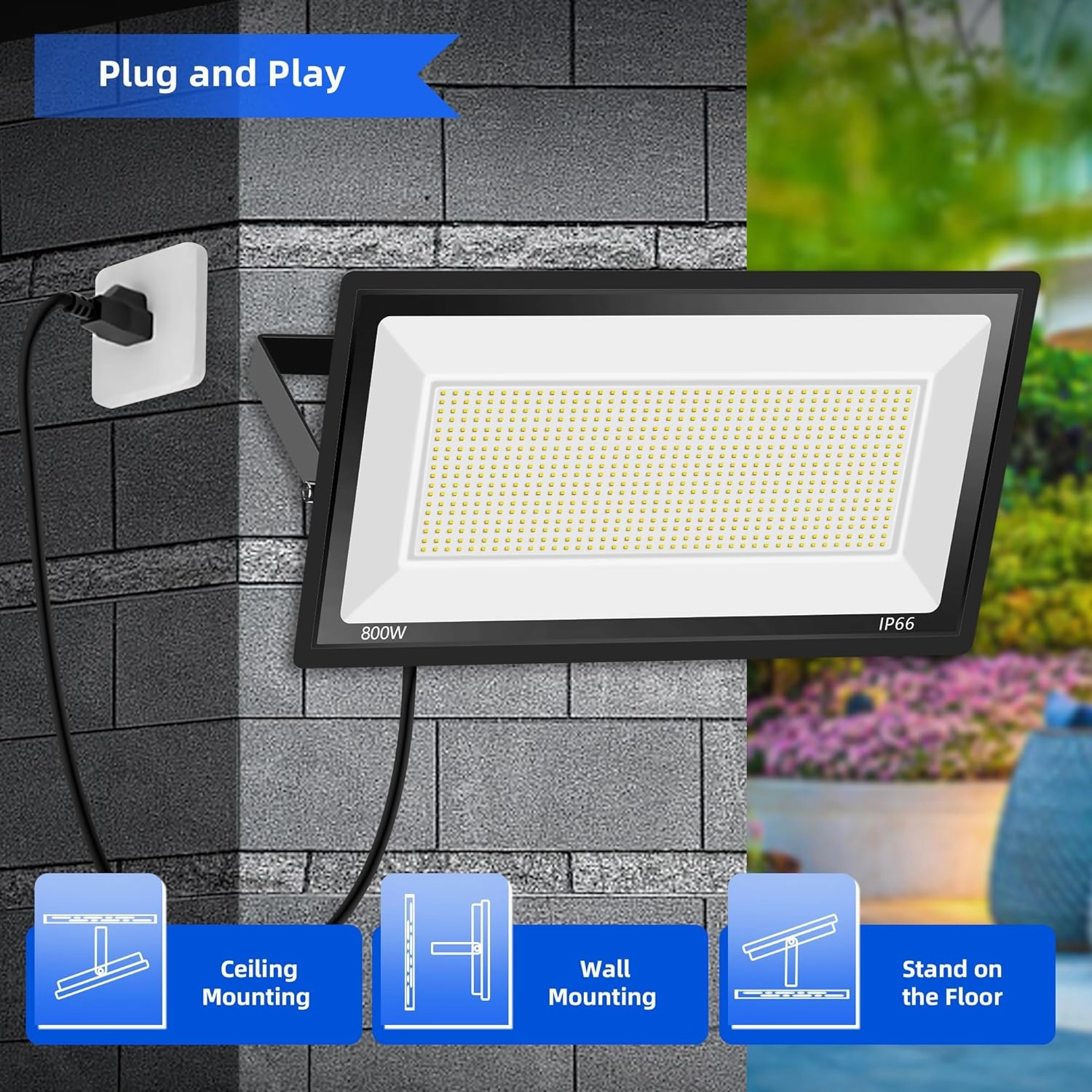 2 Pack 800W LED Flood Light Outdoor,Super Bright FloodLight with Plug,80000LM 5000K Daylight White IP66 Waterproof Commercial Lighting for Sports Fields,Counts,Arena,Stadium
