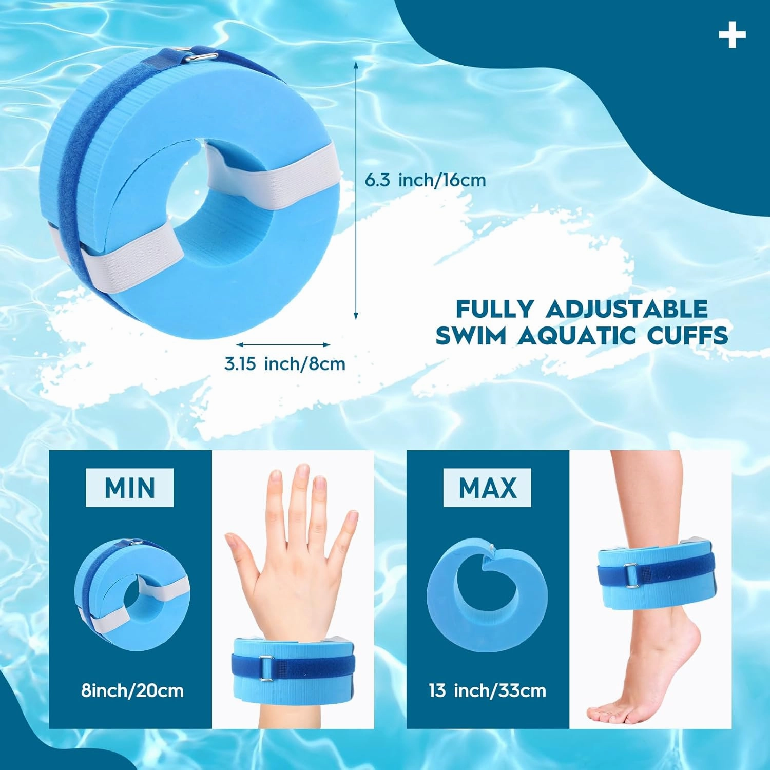 2 Pcs Foam Swim Aquatic Cuffs Equipment Water Aerobics Float Ring with Detachable Hook and Loop Fastener Fitness Workout Set for Swimming Fitness Training Pool Exercise
