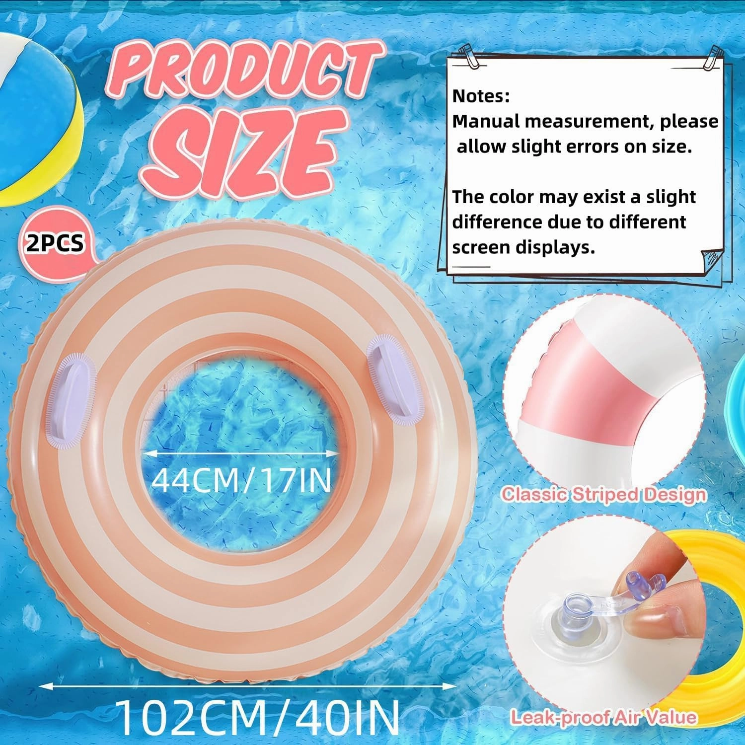 2 PCS Striped Pool Floats for Adults Swimming Rings Tube with Handles -Inflatable Pool Float Tube for Adults Pool Floats for The Beach, Party, Vacation