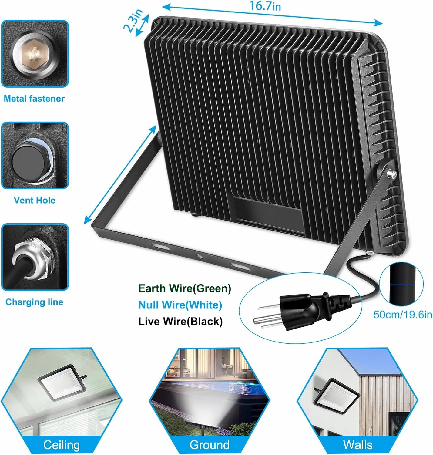 300W LED Flood Light Outdoor,2000W Equivalent 5000K Daylight White Super Bright FloodLight with Plug,43500LM IP66 Waterproof Commercial Lighting for Sports Fields,Counts,Arena,Stadium