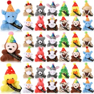 36 Pcs Birthday Mini Plush Toys Small Stuffed Animals with Hat and Ribbon Birthday Stuffed Animals Keychain Mini Plushies Gift Set for Decoration Party Favor Reward Gifts