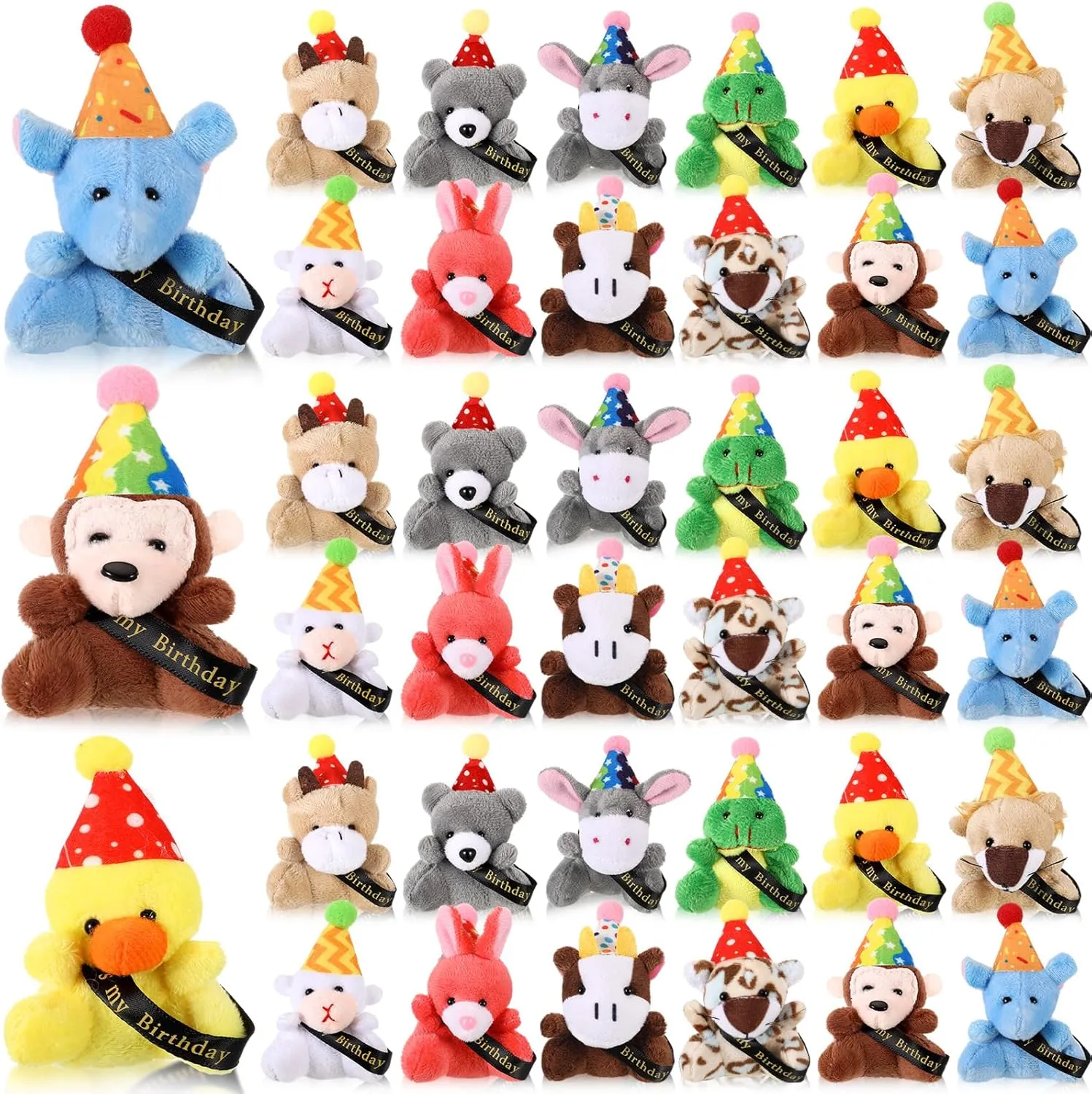 36 Pcs Birthday Mini Plush Toys Small Stuffed Animals with Hat and Ribbon Birthday Stuffed Animals Keychain Mini Plushies Gift Set for Decoration Party Favor Reward Gifts