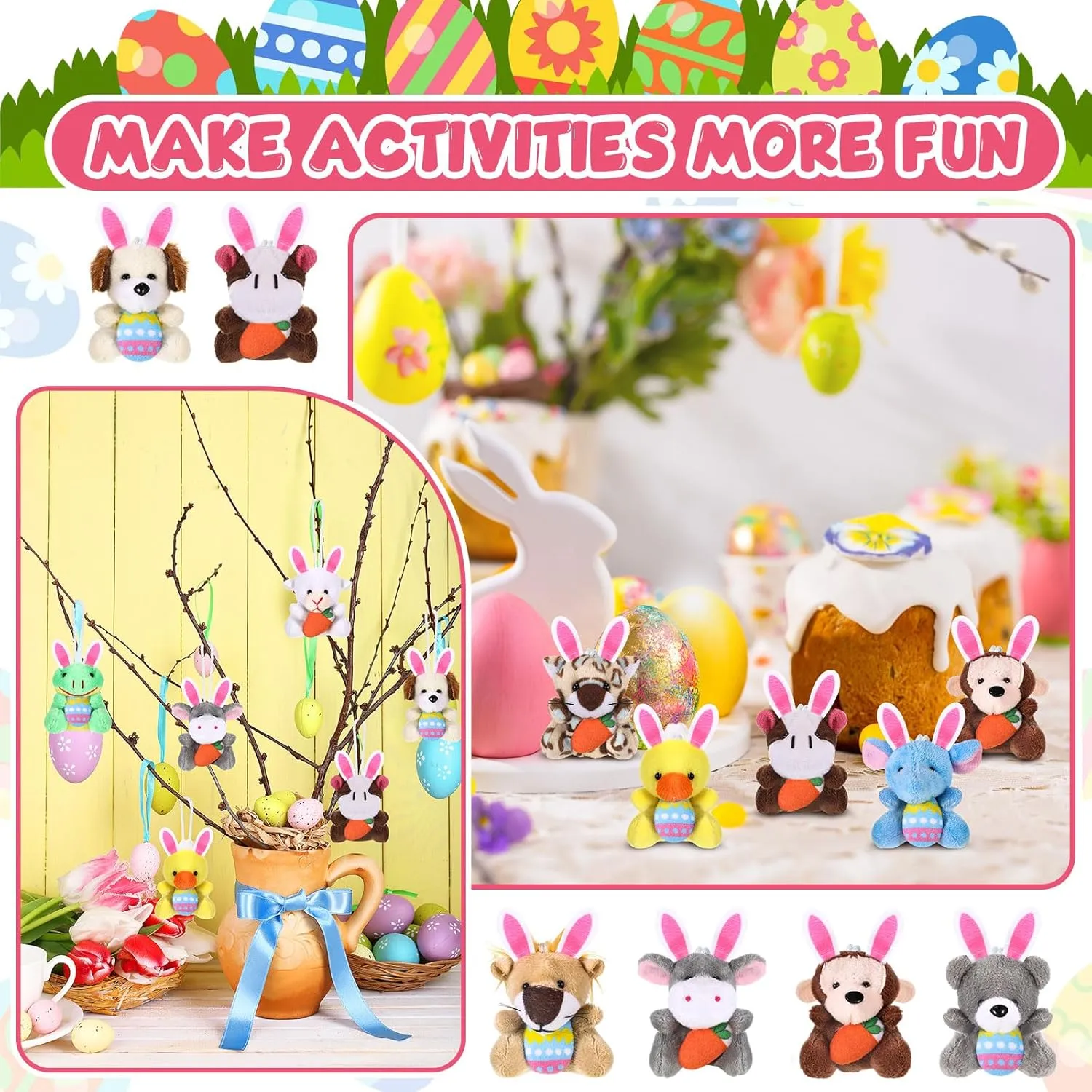 36 Pcs Easter Mini Animal Plush Toy Set Small Stuffed Animal Bulk with Easter Eggs Bunny Ear Small Plush Keychain for Party Favors Basket Stuffers Classroom Prizes Egg Hunt