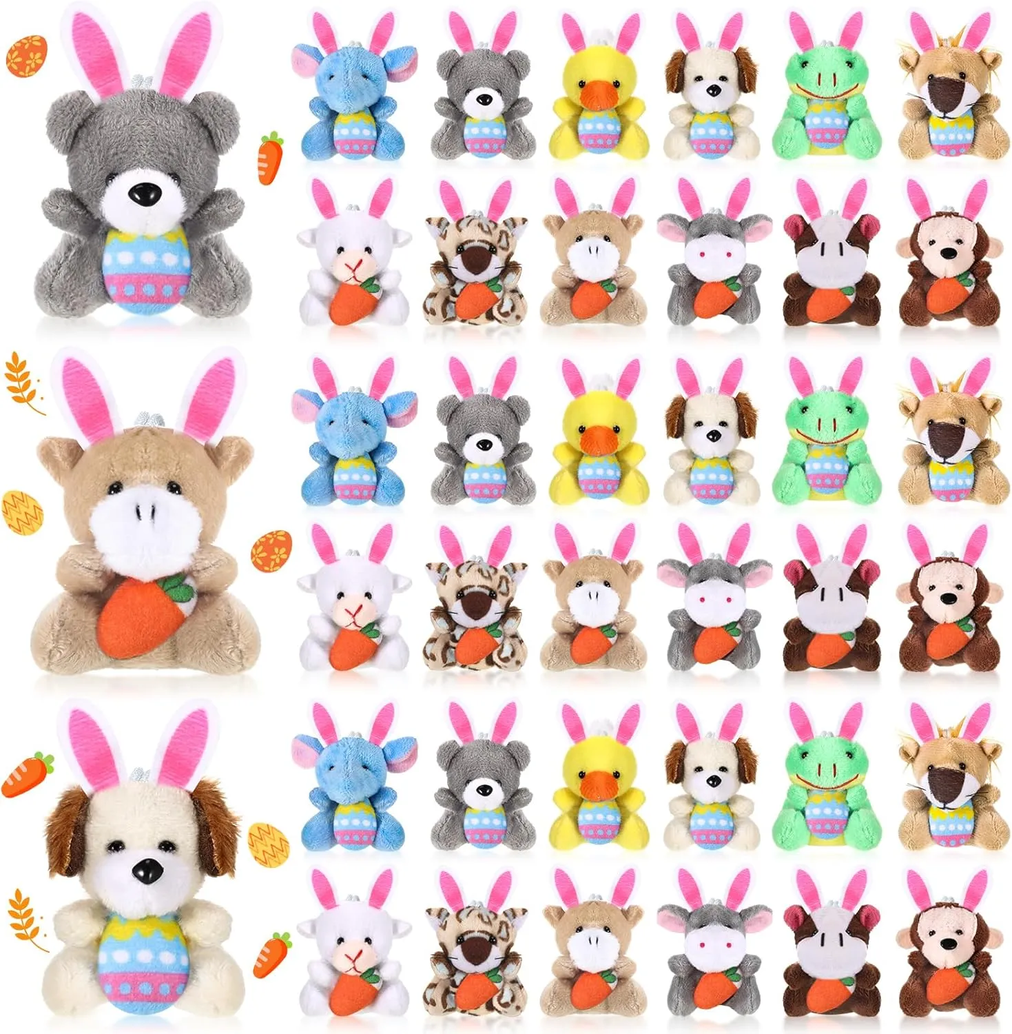 36 Pcs Easter Mini Animal Plush Toy Set Small Stuffed Animal Bulk with Easter Eggs Bunny Ear Small Plush Keychain for Party Favors Basket Stuffers Classroom Prizes Egg Hunt
