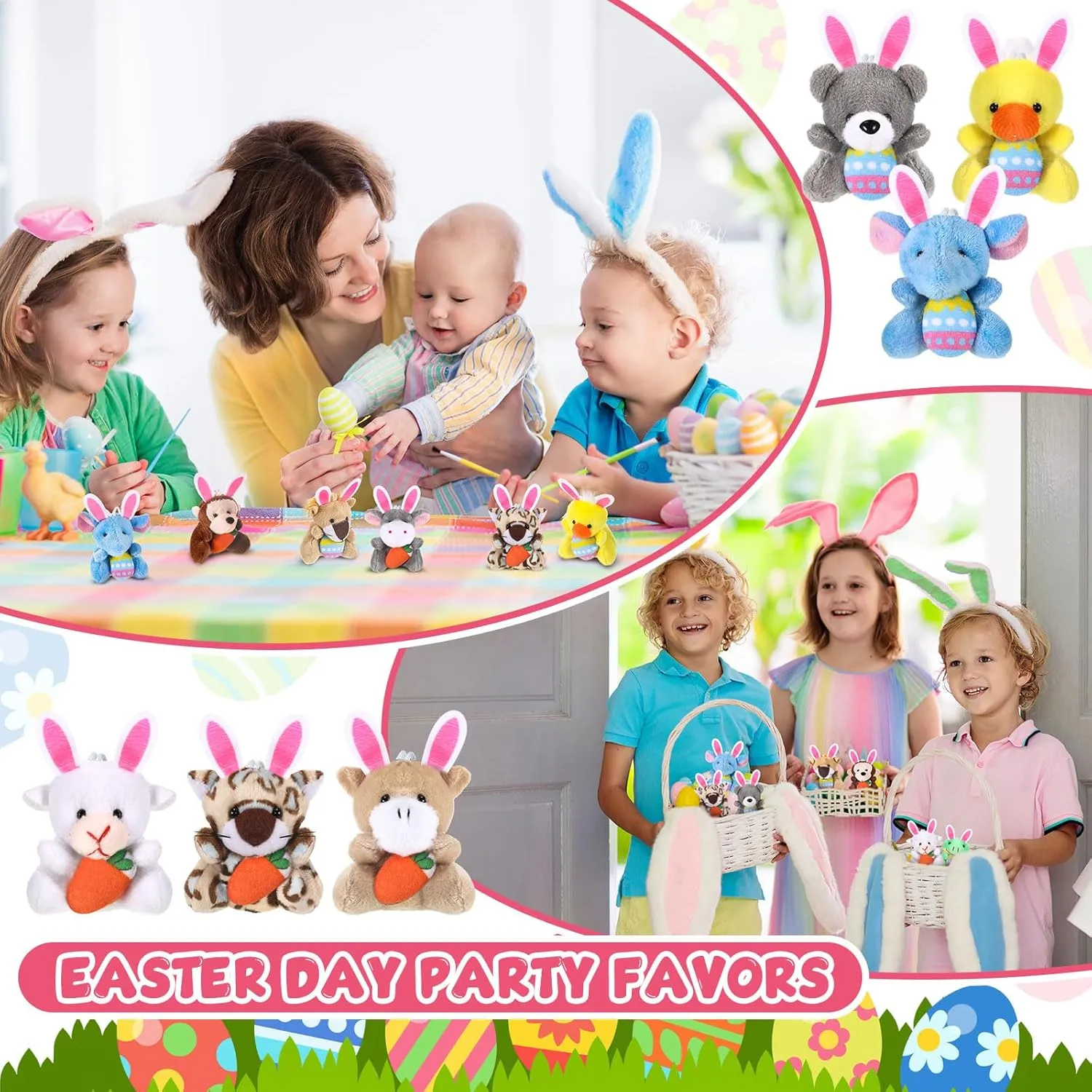 36 Pcs Easter Mini Animal Plush Toy Set Small Stuffed Animal Bulk with Easter Eggs Bunny Ear Small Plush Keychain for Party Favors Basket Stuffers Classroom Prizes Egg Hunt