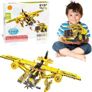 361 Piece 2-in-1 Flying Propeller Airplane & Dump Truck Model Construction Building Brick Blocks DIY Transforming Engineer Take-a-Part Toy Set STEM Learning Kit School Kids Boys Girls Age 6  EverPlay