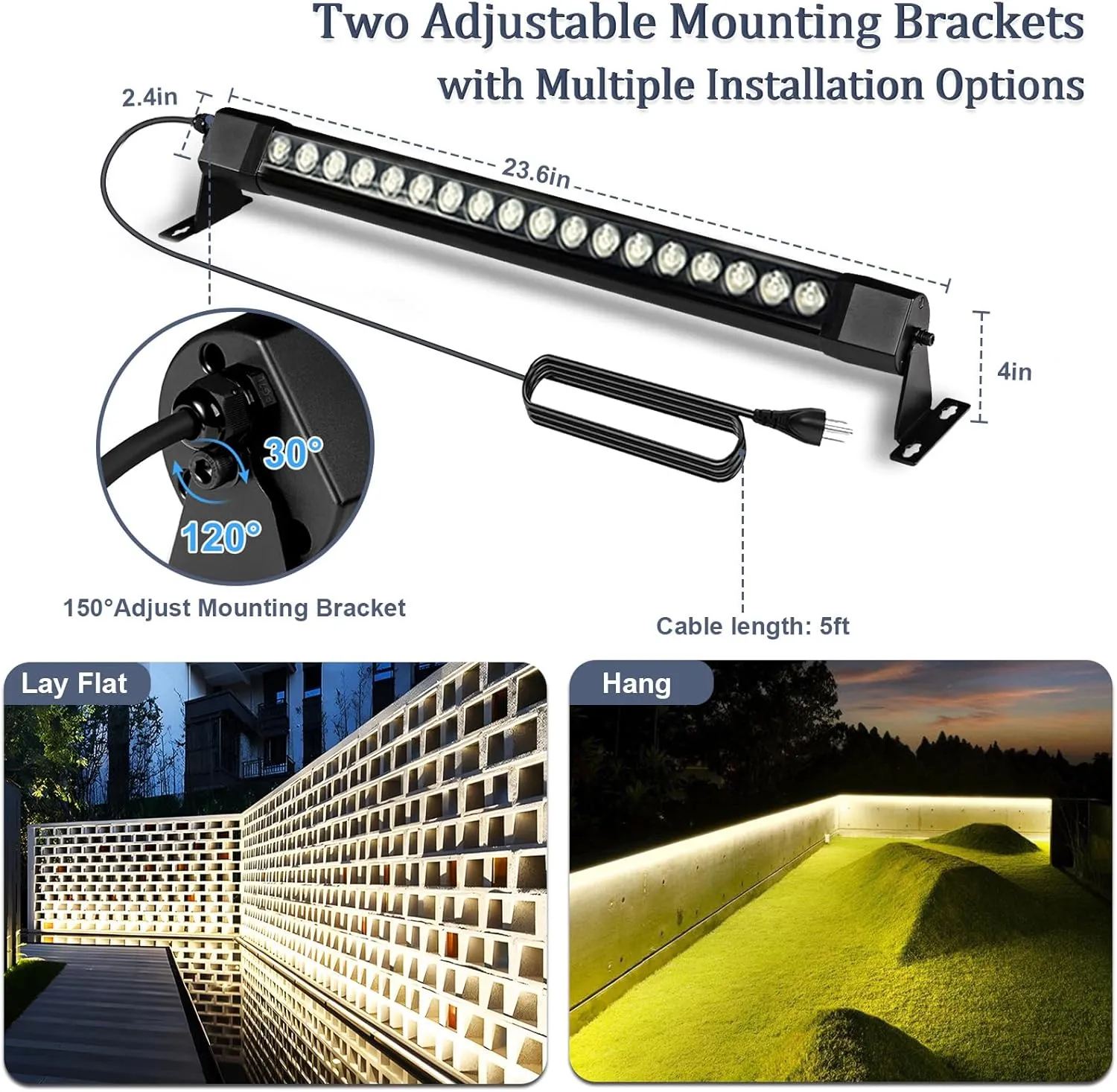 36W LED Wall Washer Light Bar, 2FT 4000K Natural White Wall Washer Lights, 120V IP67 Waterproof Outdoor Wall Washer Light for for Building Hotels Garden Landscape, Plug in, 2 Pack