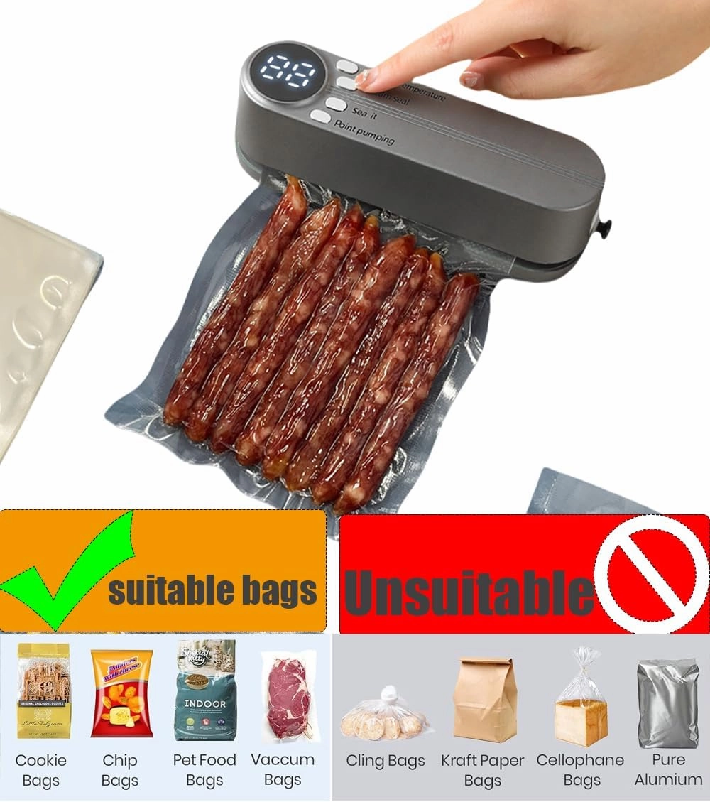 3 in 1 Cordless Mini Vacuum Sealer Rechargeable Bag Sealer for Food Storage with 4 Snack Bags,Heat Sealer for Chips Bags,Handheld Vacuum Sealer for Food Preservation,Inflation Pump for Balls(Grey)