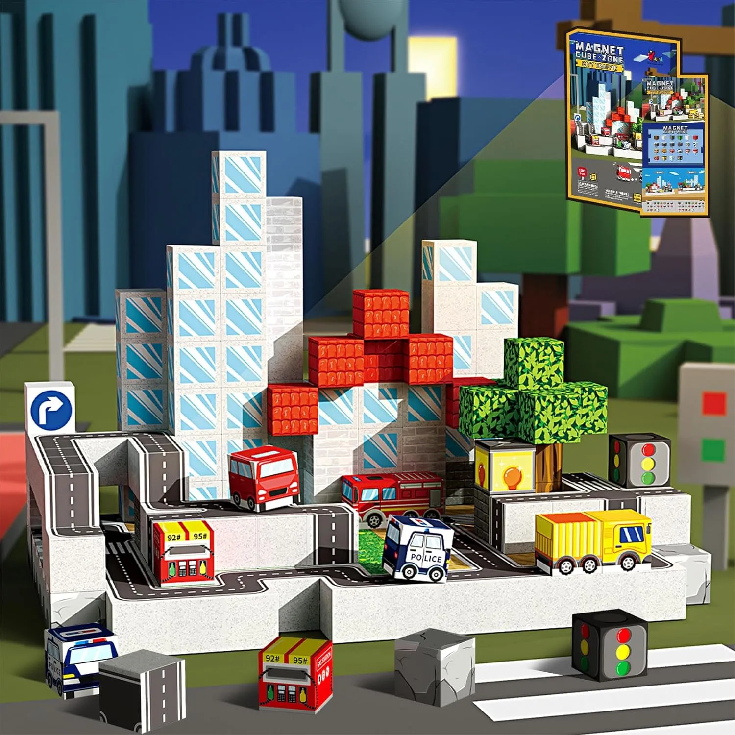 3D Magnetic Blocks 100 Pieces for Kids Magnet Cubes, Sensory Construction Building Toys for Toddlers, Magnetic Tiles City Road Cars Stacking Toys Games for Ages 3-12