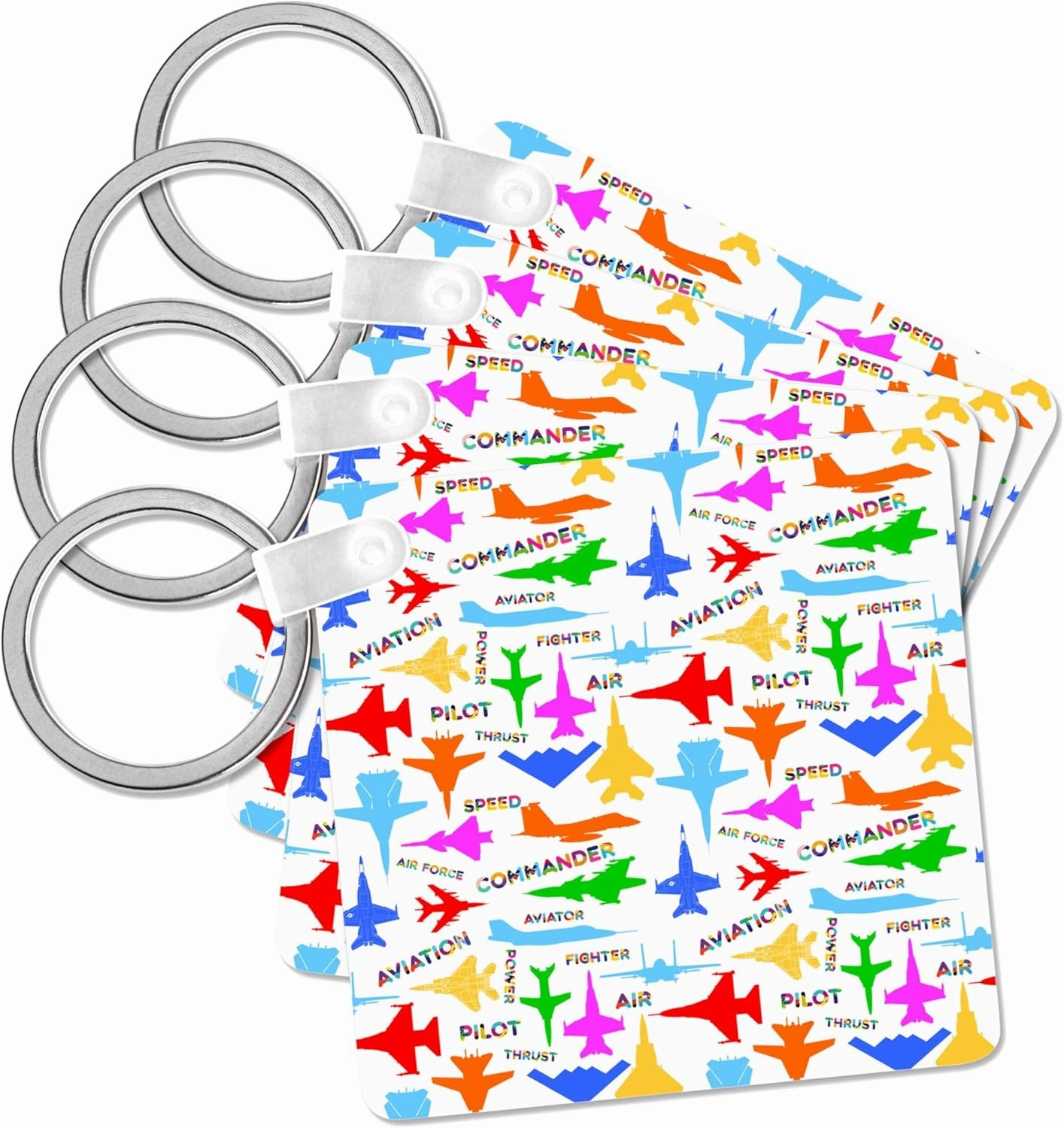 3dRose, Pattern Aviation. Colorful silhouettes of aircraft, decorative texts, Key Chain
