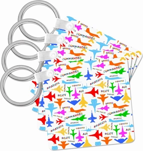 3dRose, Pattern Aviation. Colorful silhouettes of aircraft, decorative texts, Key Chain