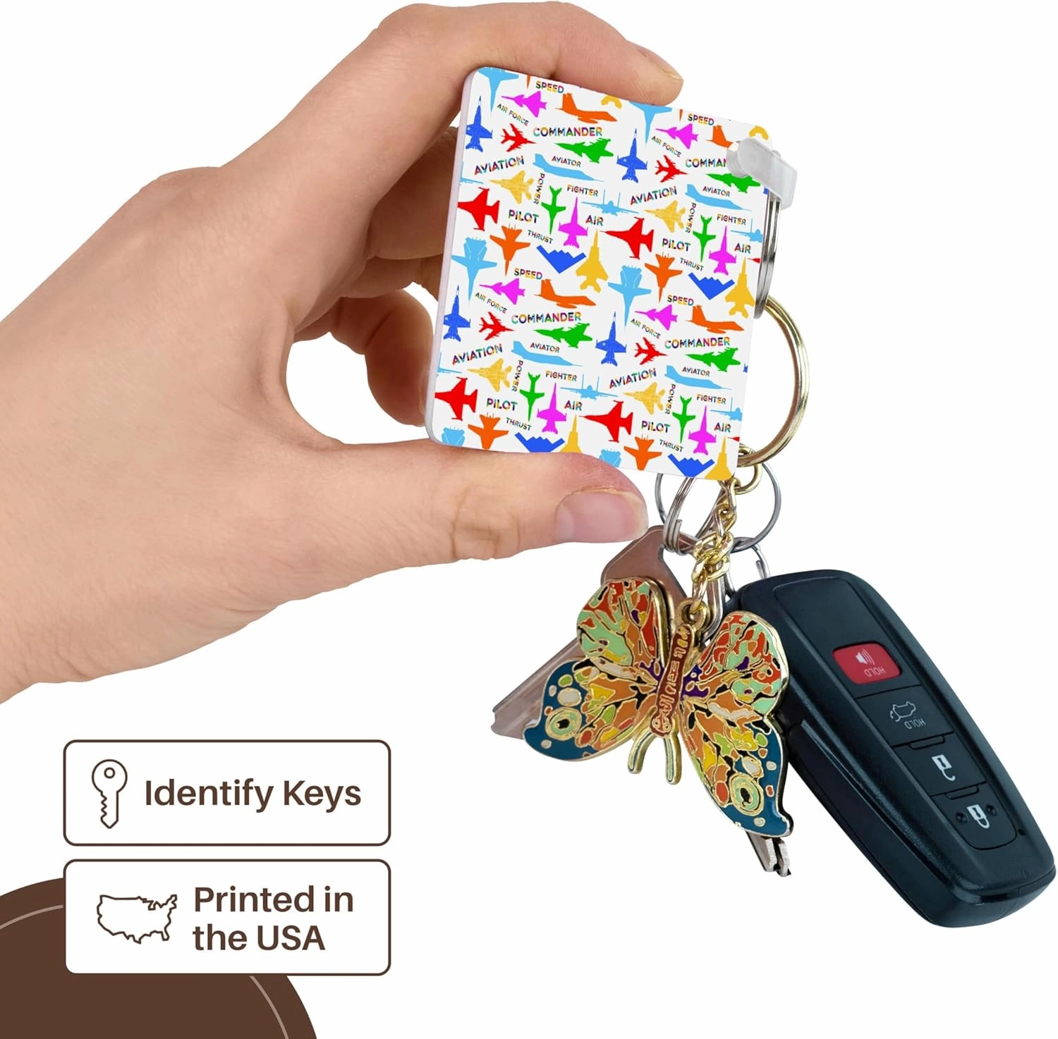 3dRose, Pattern Aviation. Colorful silhouettes of aircraft, decorative texts, Key Chain