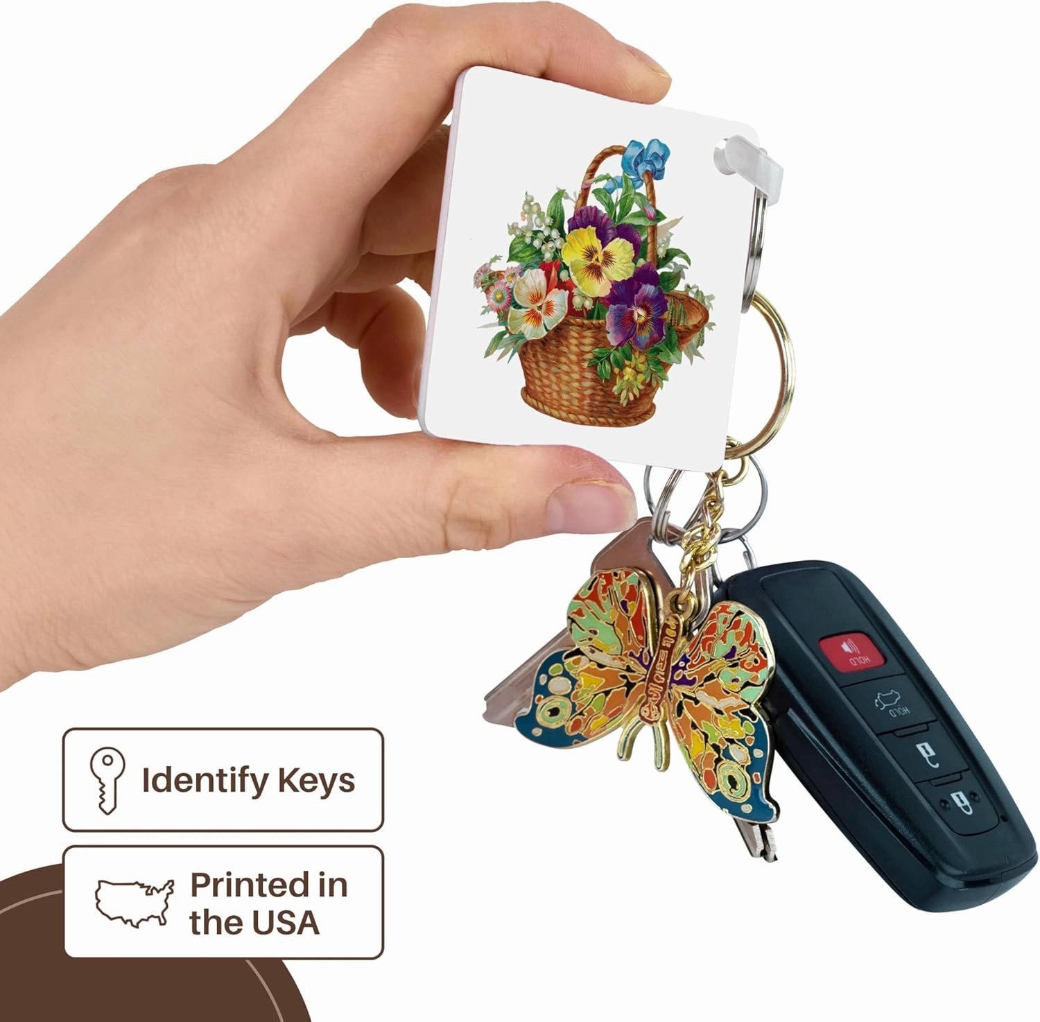 3dRose, Pretty Basket of Flowers with Lily of the Valley and Colorful Pansy, Key Chain