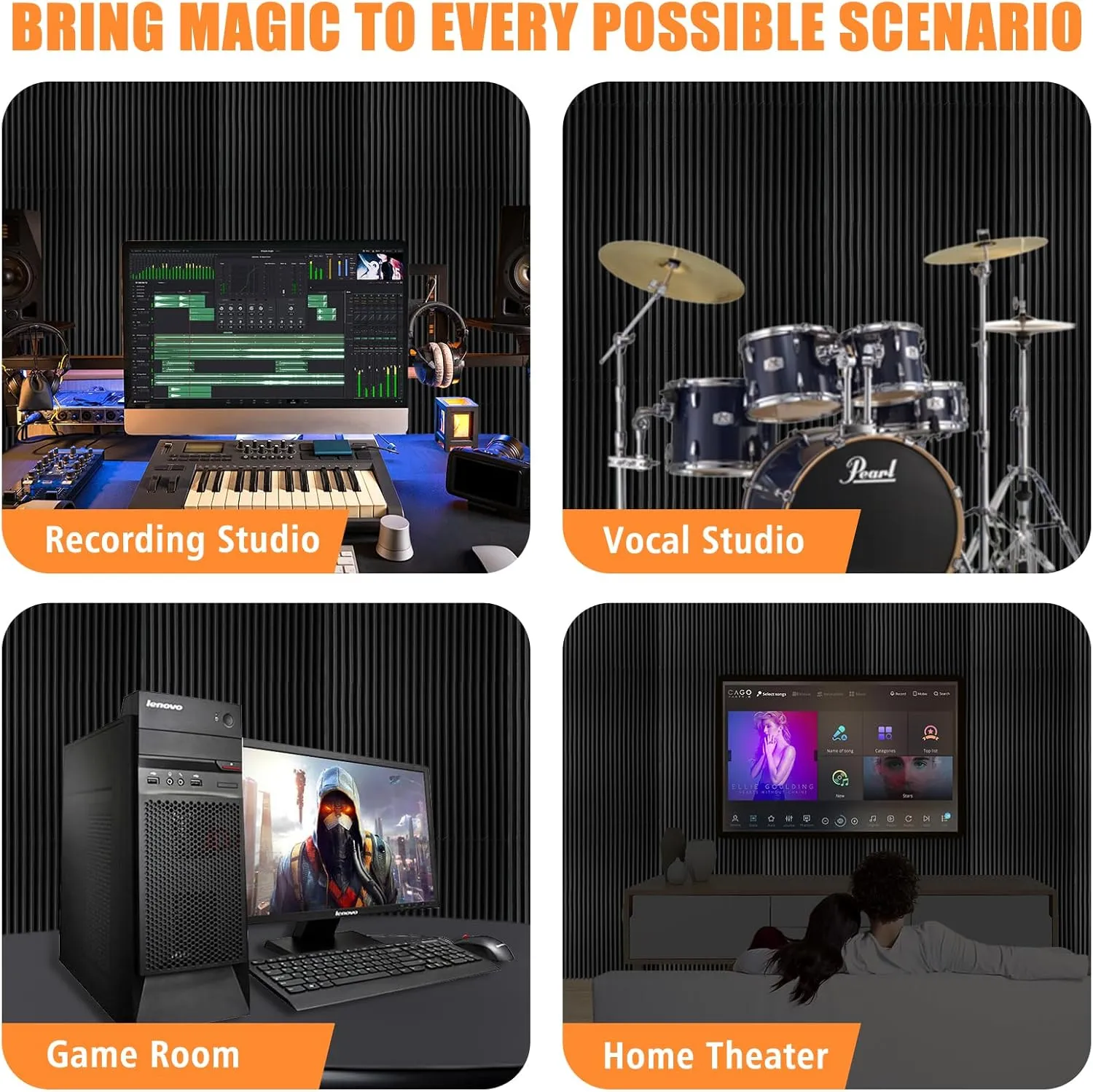 4 Pack Acoustic Foam Panels, 48 x 24 x 2" Sound Absorbing Panels High Density Studio Wedge Tiles for Home,Office, Recording Room, Studio (Black 4 Pack, 48 x 24 x 2 Inch)