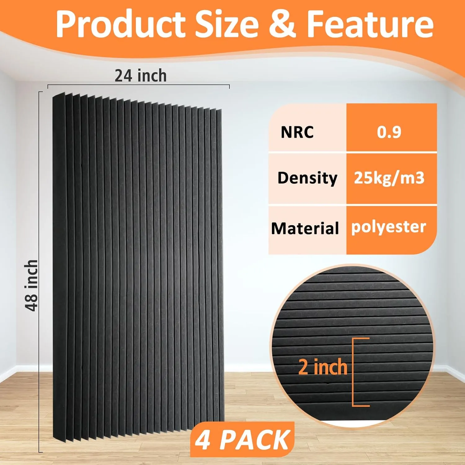 4 Pack Acoustic Foam Panels, 48 x 24 x 2" Sound Absorbing Panels High Density Studio Wedge Tiles for Home,Office, Recording Room, Studio (Black 4 Pack, 48 x 24 x 2 Inch)