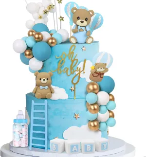 44 PCS Bear Cake Toppers - Mini 3D Bear BABY Letters Milk Bottle Blue Gold Foam Balls Cake Toppers for Boy Girl Birthday Party Baby Shower Cake Decorations