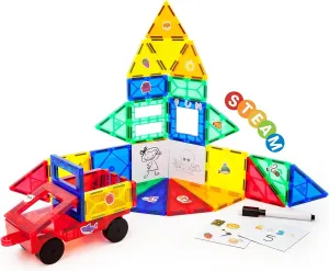 45pcs Magnetic Tiles, Stickers, Mini Whiteboards and Car Set Magnet Building Blocks STEAM Learning Preschool Montessori Educational Sensory Toy for Age 3   Kids Toddlers Boys & Girls 3D