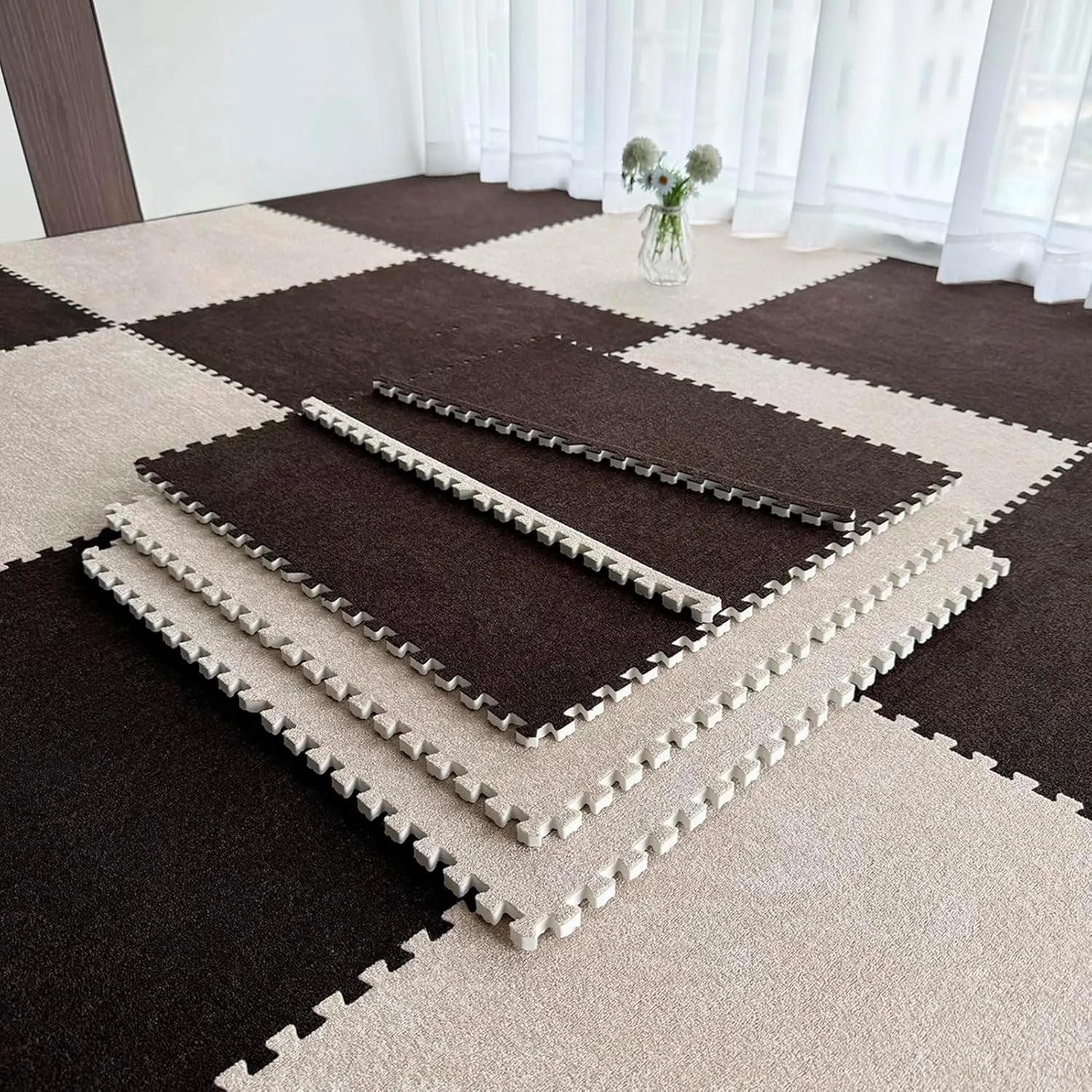 48 Pieces Multipurpose Exercise Floor Mat with Foam,0.4 Inch Thick Interlocking Floor Padding Tiles,Puzzle Square Carpet, 24x24 Inch(Color:Khaki Coffee)