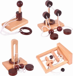 4 Pack Classic Wooden Rope Puzzle Set Ring Puzzles String Solution Central Brain Teaser for Adults/Kids Game