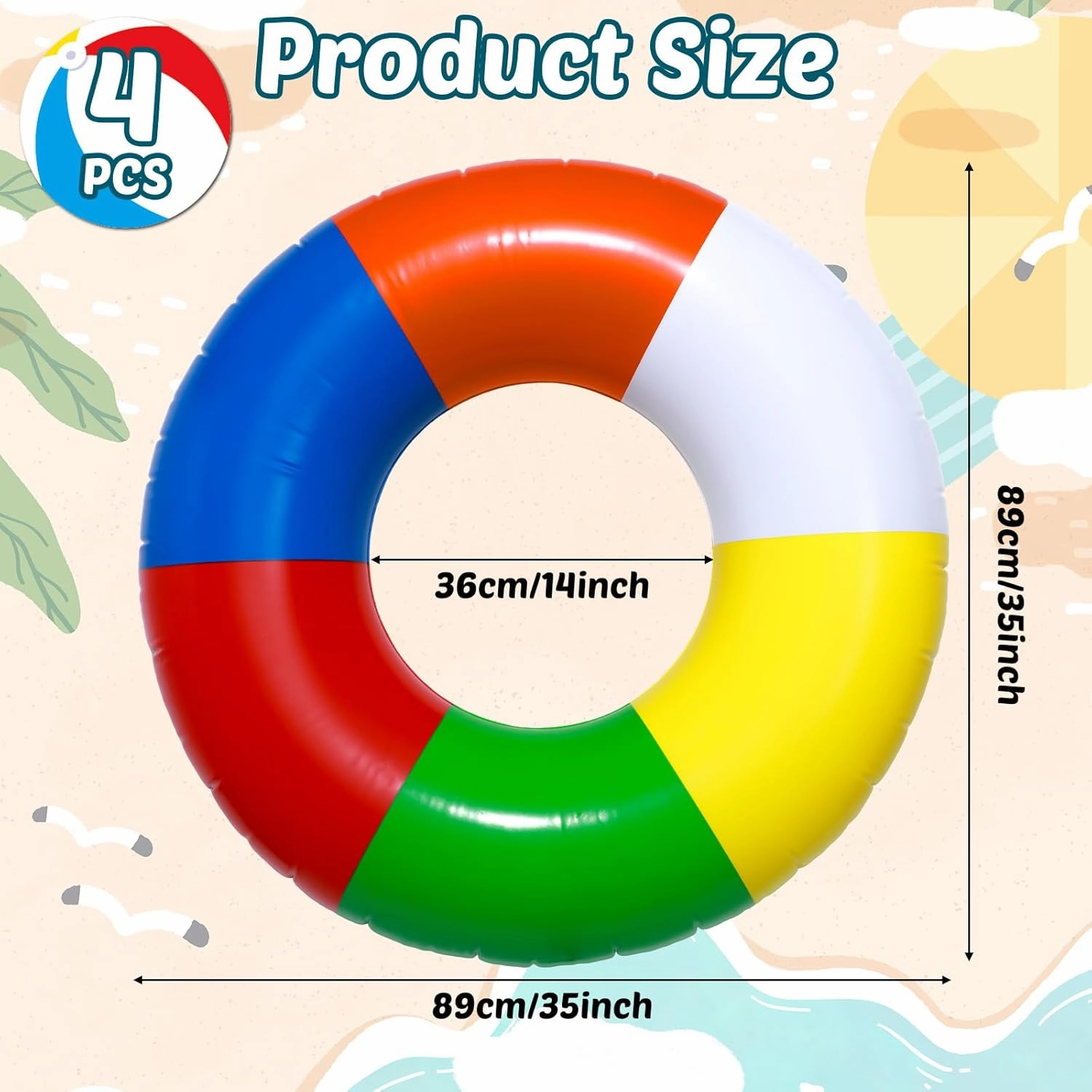 4 Pcs Inflatable Swimming Float Toys 35Inch Rainbow Striped Swim Rings Beach Pool Floats Pool Tube Rings Loungers Tube for Adults Lake River Ocean Summer Beach Party Favors Gifts