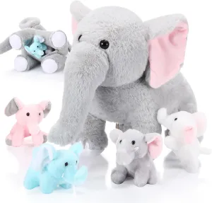 5 Pcs Plush Elephant Stuffed Animals with Babies, Mommy Elephant with 4 Plush Baby Soft Elephants Animals Play Set for Party Supplies, Favors, Decorations, Stocking Stuffers(Multicolor)