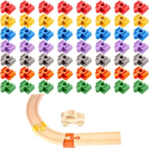 56 Pcs Wooden Track Connectors Multicolor Wood Train Track Accessories Plastic Building Block Track Adapters Compatible with Most Railroad Sets, 7 Colors