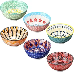 6 Pack 24 oz Ceramic Bowl Set Ceramic Dessert Bowls for Kitchen Serving Dishes Soup Salad Pasta Ramen Cereal Rice Colorful Design Microwave and Dishwasher Safe, 6.25''