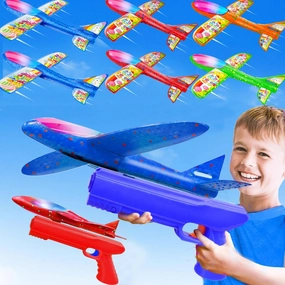 6 Pack Easter Light Up Airplane Launcher Toys with 2 Launcher, Easter Basket Stuffers for Boys Kids LED Catapult Plane Flying Toy with 6 Sticker, Kids Boys Girls Easter Gift Outdoor Games Party Favors