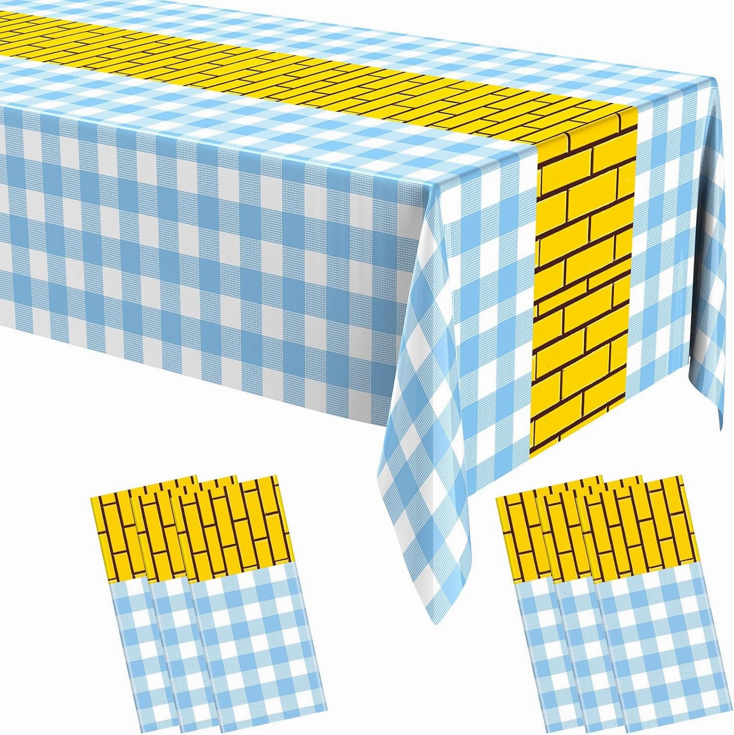 6 Pcs Yellow Brick Runner Tablecloth 54 x 108 Inch Brick Wall Backdrop Waterproof Rectangle Disposable Cover, Princess Decorations Party Supplies for Halloween Cosplay Party (Blue)