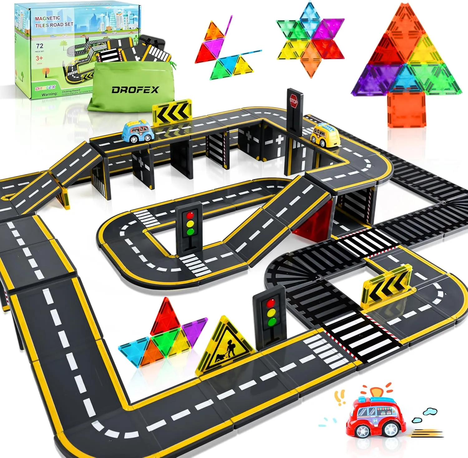 72pcs Upgraded Magnetic Tiles Road & Train Dual-Sided Expansion Pack, Magnetic Building Blocks Construction Toys for 3 Year Old Boys & Girls, Montessori Toys for Toddler, STEM Learning Gifts