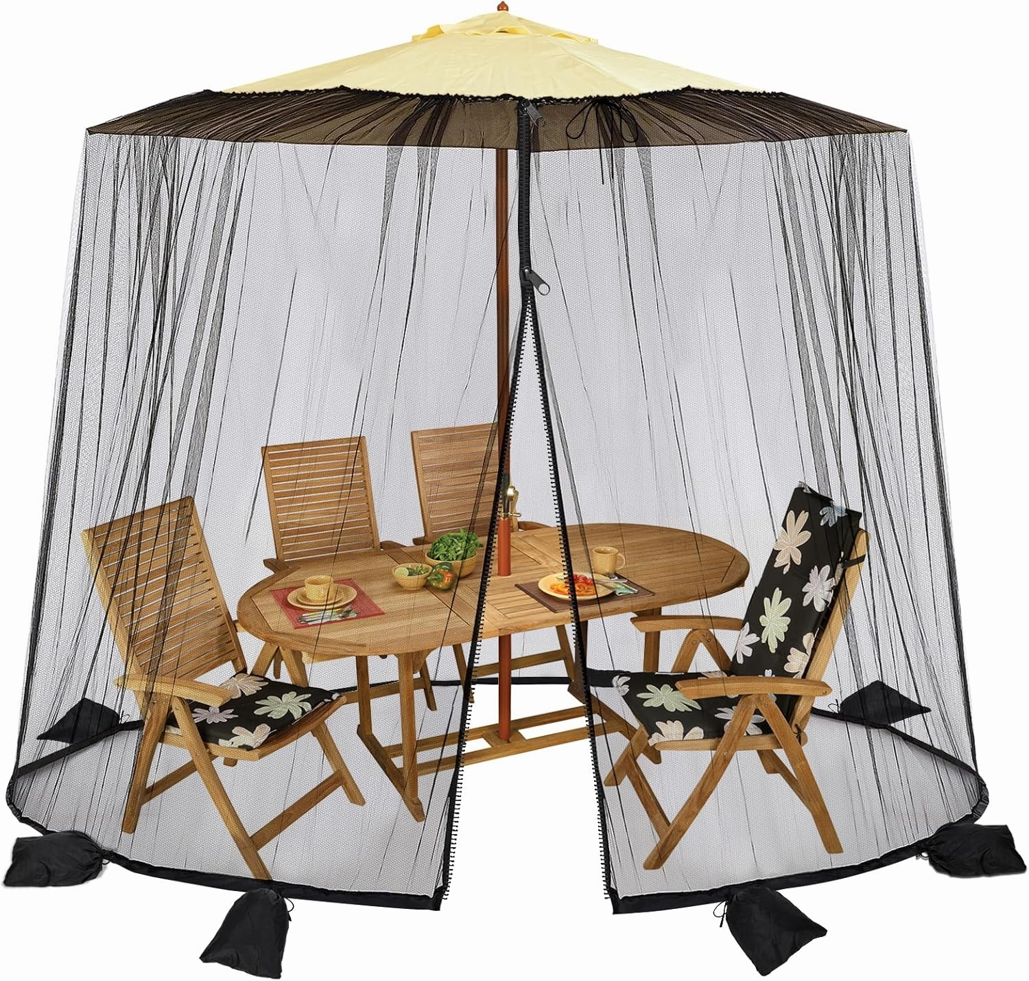7.5-11 ft Patio Umbrella Mosquito Net with 6pcs Sandbags,Adjustable Patio Screen Mesh with Zipper,Canopy Umbrellas Mosquito Netting Table Screen for Outdoor Umbrellas and Patio Tables,No Support Frame
