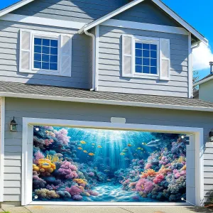 7X16ft Under The Sea Garage Door Decorations Background Colorful Reefs and Algae Sun Ray Ocean Photo Backdrops Underwater World Tropical Fish Coral Birthday Baby Shower Party Garage Door Banner Cover