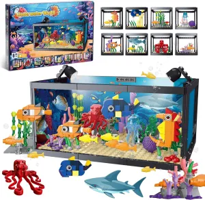8 in 1 Fish Tank Building Sets, Marine Aquarium Building Block with LED Light Party Favors 9 Model Toy Including Shark Octopus Crab, Christmas Birthday Gifts for Boys Girls Kids Ages 6 8 10 12 