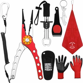 8 Pieces Fishing Tools Kit Fish Hook Remover Set Include Fishing Pliers Lip Gripper Multifunction Scissors Gloves Towel Keychain Hook for Men Women Gifts