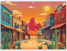 8x6ft Fabric Cartoon Desert Backdrop Western Cowboy Cactus Retro Building Mountain Photography Background School Summer Activities Party Decorations Photo Props