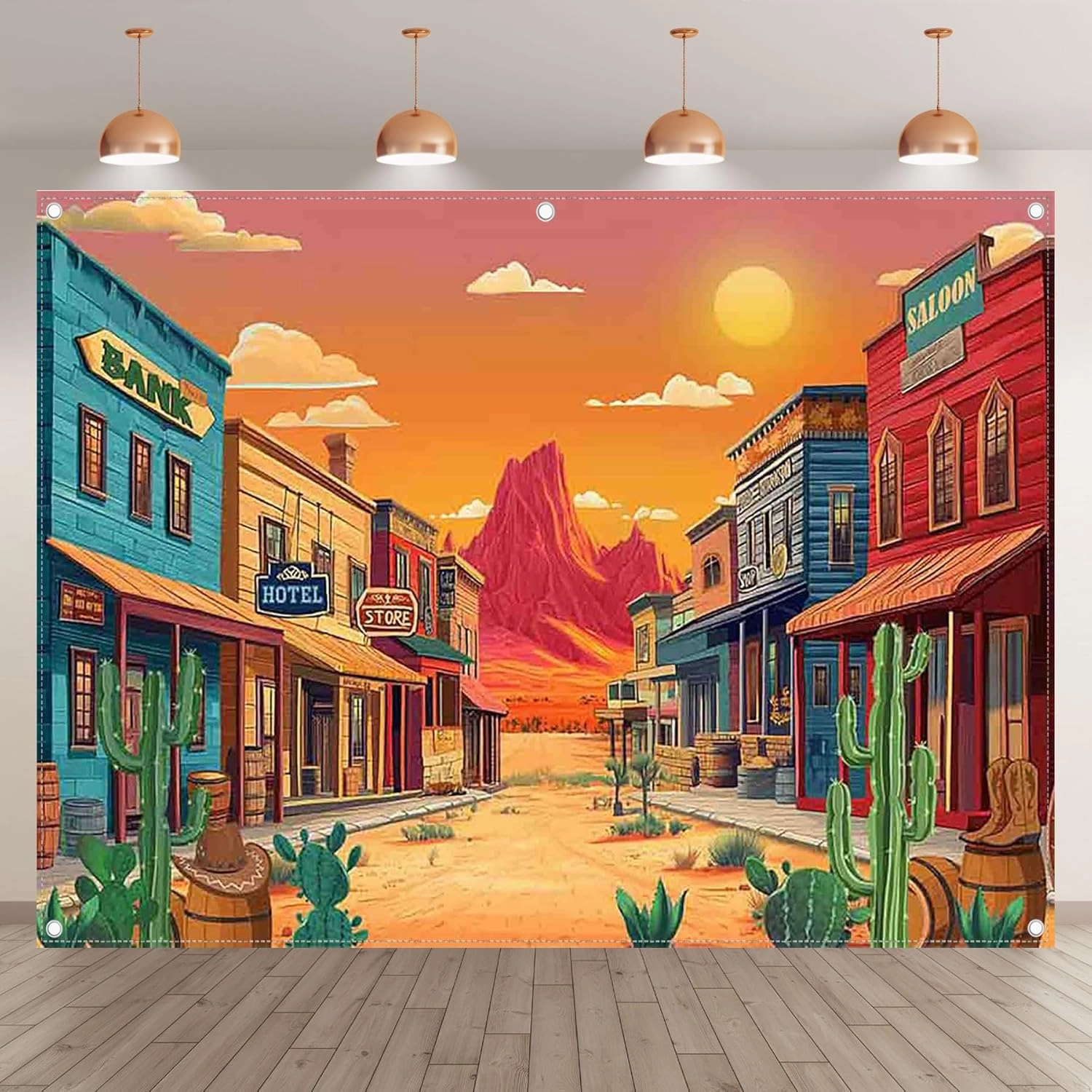 8x6ft Fabric Cartoon Desert Backdrop Western Cowboy Cactus Retro Building Mountain Photography Background School Summer Activities Party Decorations Photo Props