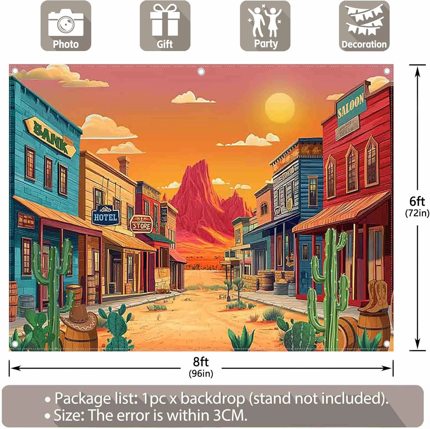 8x6ft Fabric Cartoon Desert Backdrop Western Cowboy Cactus Retro Building Mountain Photography Background School Summer Activities Party Decorations Photo Props